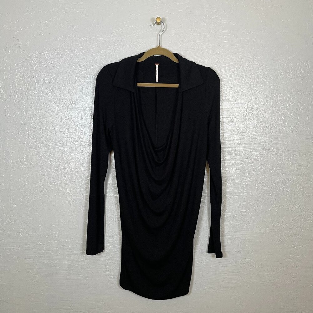 Free People Women S Black Mini Dress Long Sleeve Collar Drape Neckline Knit